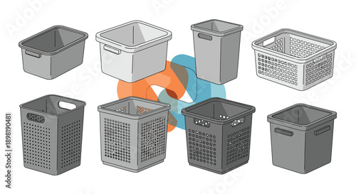 Set of various plastic storage baskets and laundry bins in different shapes and grey shades for home organization.