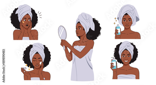 Young Black woman in a towel wrap performing various steps of her daily skincare routine using cream and a mirror.