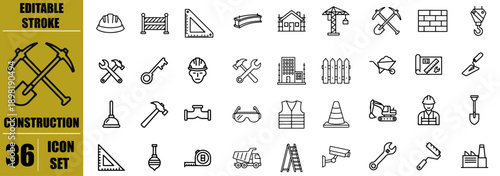 Construction Line Icons Set for Building, Tools, Crane, Helmet, Bricks, Blueprint, Engineer, Safety and Architecture Editable Stroke Vector Collection for Infographics, Real Estate, Engineering and In