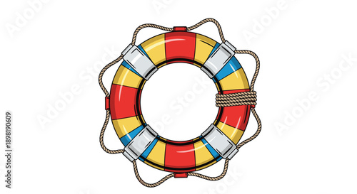 Classic red, yellow, and blue lifebuoy with ropes around it used for marine safety and rescue at sea or in a pool.
