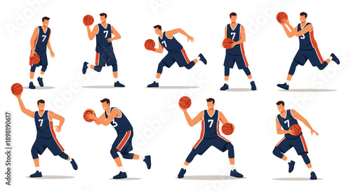 Set of male basketball player characters in blue and orange uniforms performing different moves with the ball on the court.