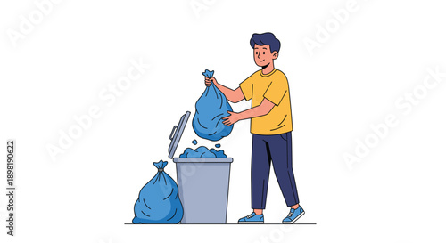 Young man character in a yellow shirt and blue pants throwing a blue trash bag into a grey garbage bin for disposal.