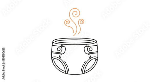 Simple line drawing of a baby diaper with stylized scent lines rising from it representing a dirty or smelly diaper.