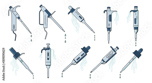 Set of different laboratory micropipettes and droppers with liquid droplets for chemistry and medical research themes.