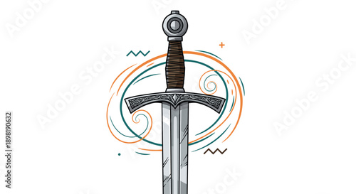 Medieval steel sword with a decorated hilt and crossguard presented against a decorative circular background.
