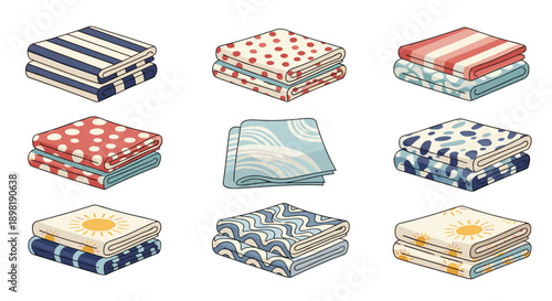 Stack of different colorful folded towels with various patterns like stripes, dots, and suns for bathroom or beach use.