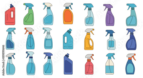 Large set of various cleaning spray bottles and detergent containers in different colors and shapes for household chores.