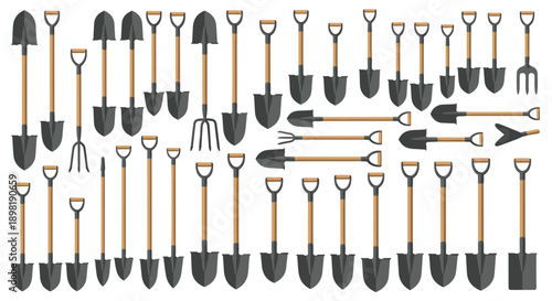 Large collection of various gardening and construction shovels with wooden handles arranged in different orientations.