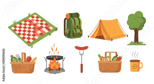 Collection of various outdoor camping and picnic items including a tent, backpack, campfire, and food baskets for travel.