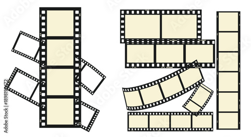Set of various black and white film strips and frames in different orientations for cinema and photography design themes.