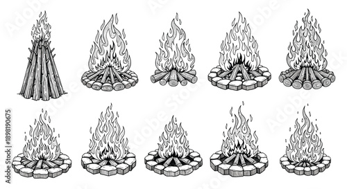 Collection of various campfire styles and bonfire arrangements illustrated in a detailed vintage hand-drawn black and white sketch style.