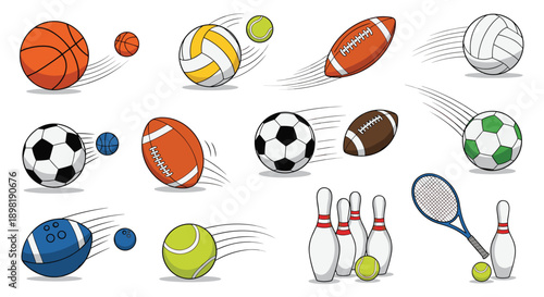 Colorful set of various sports balls including basketball soccer and football depicted in motion with speed lines on white background.
