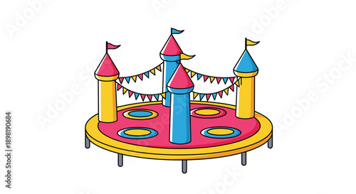 Colorful inflatable bounce house castle for children with decorative flags and round jump pads isolated on a plain white background.