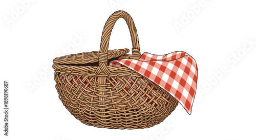 Traditional woven wicker picnic basket with a red and white checkered cloth draped over the side isolated on a clean white background.