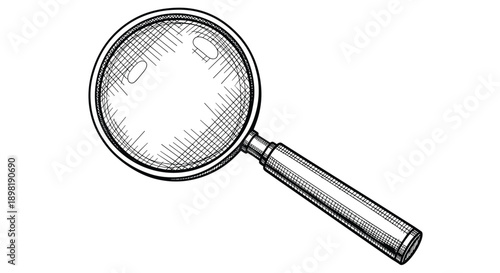 Detailed hand-drawn sketch of a classic magnifying glass used for research and investigation purposes shown at a diagonal angle.