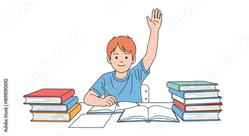 Young boy student sitting at a desk full of books raising his hand with a smile in a classroom learning environment illustration.