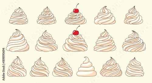 Decorative collection of whipped cream swirls and sweet meringue peaks with cherry toppings presented in a clean minimalist vector style.