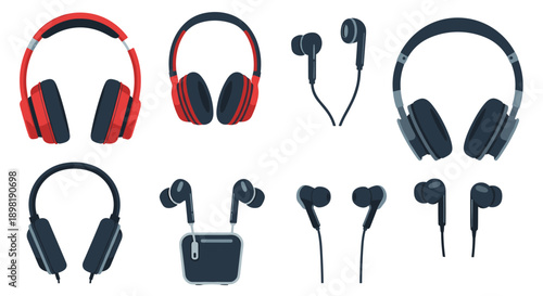 Modern selection of audio equipment featuring various styles of over-ear headphones and in-ear earbuds in flat vector illustration design.