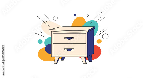 Stylish modern nightstand with two drawers shown with abstract colorful background shapes in a clean vector illustration.