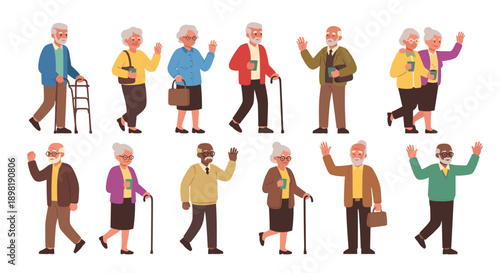 Diverse group of elderly men and women walking waving and engaging in social activities depicted in a friendly flat vector style.