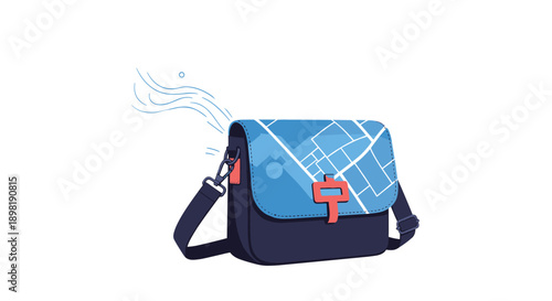 Modern blue messenger bag featuring a map grid pattern on the flap shown with motion lines for travel and urban lifestyle themes.