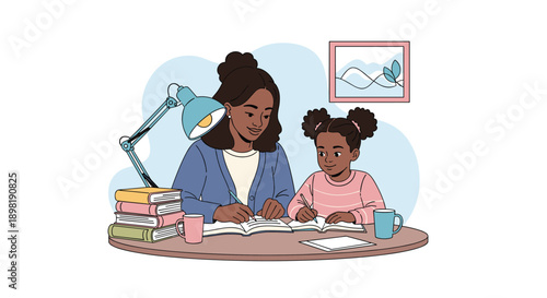 Caring mother helping her young daughter with school homework at a wooden desk with books, lamp, and coffee mugs in a cozy room.