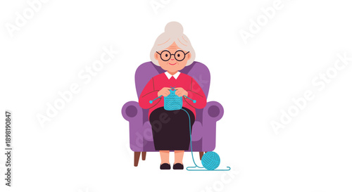 Cheerful senior woman with grey hair and glasses sitting comfortably in a purple armchair while knitting with blue wool yarn.