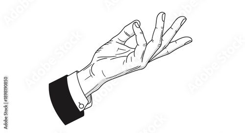 Close up illustration of a human hand in a formal suit sleeve making a delicate gesture with fingers isolated on a white background.