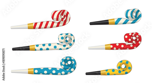 Group of colorful party blowouts with various patterns like stripes and polka dots in red, blue, and yellow on white background.
