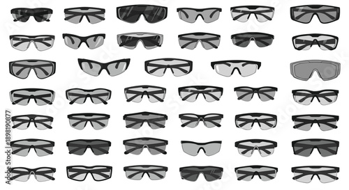Extensive collection of safety goggles and protective eyewear in different styles and frame designs displayed in a grid layout.
