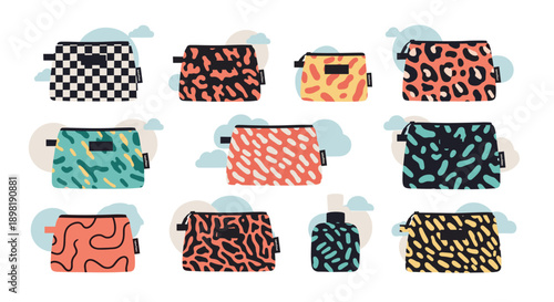 Stylish cosmetic pouches with various colorful patterns like animal print and checkerboard designs set against a cloudy background.