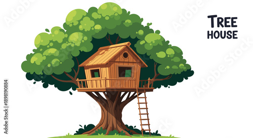 Charming wooden treehouse built into a large leafy green tree with a ladder leading up to the balcony on white background.