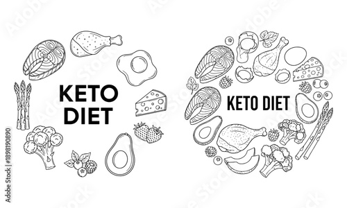Circular Keto Diet Icons Set with Healthy Low-Carb Food Illustrations