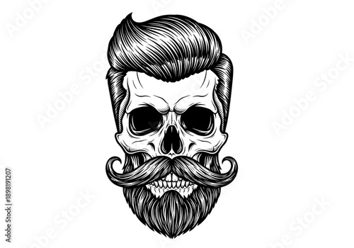 Hipster Skull with Beard and Mustache – Vintage Barber Skull Illustration