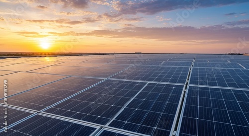 Stunning Sunset Over Eco-Friendly Power Plant with Solar Panels and Wind Turbines in Harmony