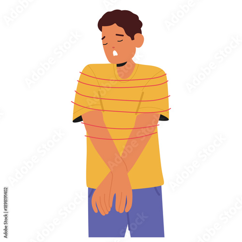 Man cartoon character suffering from chest tightness feeling pressure, stiffness isolated on white