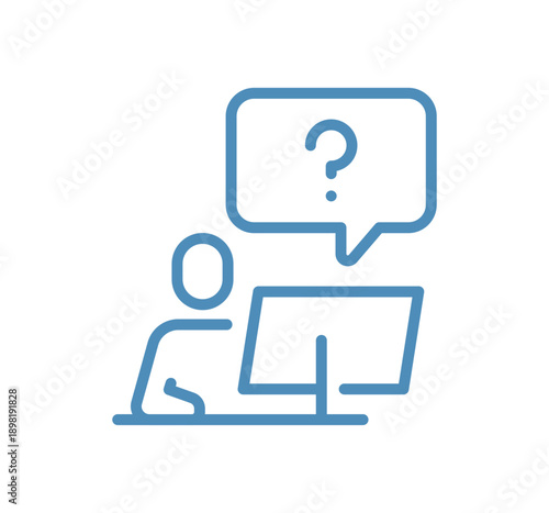 Person sitting at computer with question speech bubble, minimal outlined concept for online help, asking questions, digital support and user communication isolated flat vector illustration.