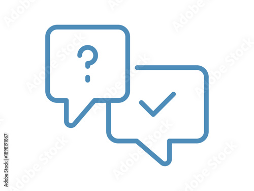 Two chat bubbles with question mark and checkmark, minimal outlined communication concept representing inquiry, response, confirmation and message exchange flat vector illustration.