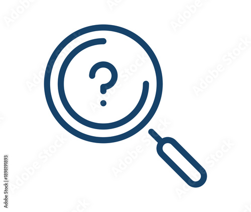 Magnifying glass with question mark symbol representing search confusion, investigation, inquiry and problem-solving process isolated on white background flat vector illustration.
