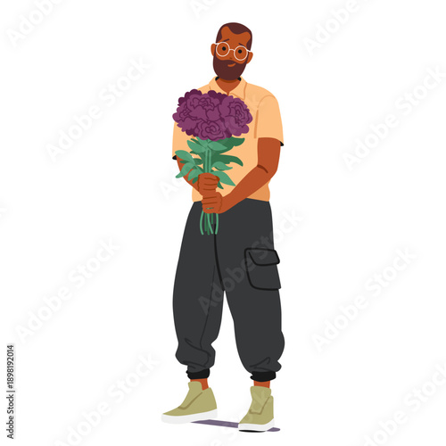 Stylish handsome guy cartoon character holding beautiful bouquet of peony flower blooms full-length