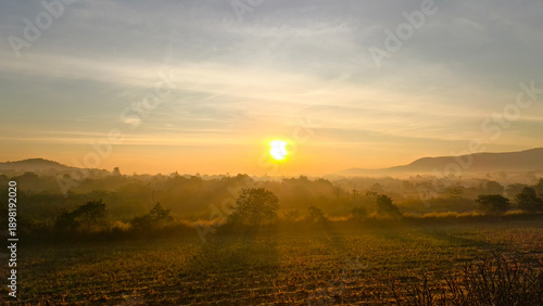 фотографія Golden morning sunrise casts warm light over rural landscape and mist-covered trees