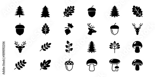 Collection of forest elements illustrations showcasing various flora and fauna in a simple black and white style