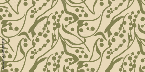 An elegant illustration of floral patterns and leaves in a seamless design, showcasing artistic creativity and botanical elements in a soft, muted color scheme from a close-up viewpoint.