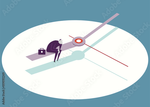 Man Sitting on Clock Hands Symbolizing Burnout, Time Pressure, and Work Stress