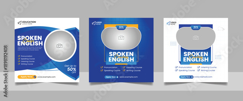 Spoken english course promotion post coaching social media banner or digital marketing square flyer template set design