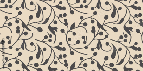 Floral pattern illustration featuring black leaves and stems on a seamless beige background from a top viewpoint