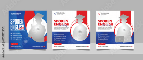 Spoken english course promotion post coaching social media banner or digital marketing square flyer template set design