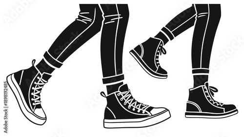 Black and white illustration of three pairs of legs wearing sneakers