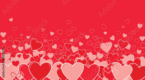 A red background with many pink and red hearts floating across it