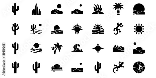 Collection of desert-themed icons featuring cacti, palm trees, and suns in various poses on a clean background viewed from a straightforward perspective